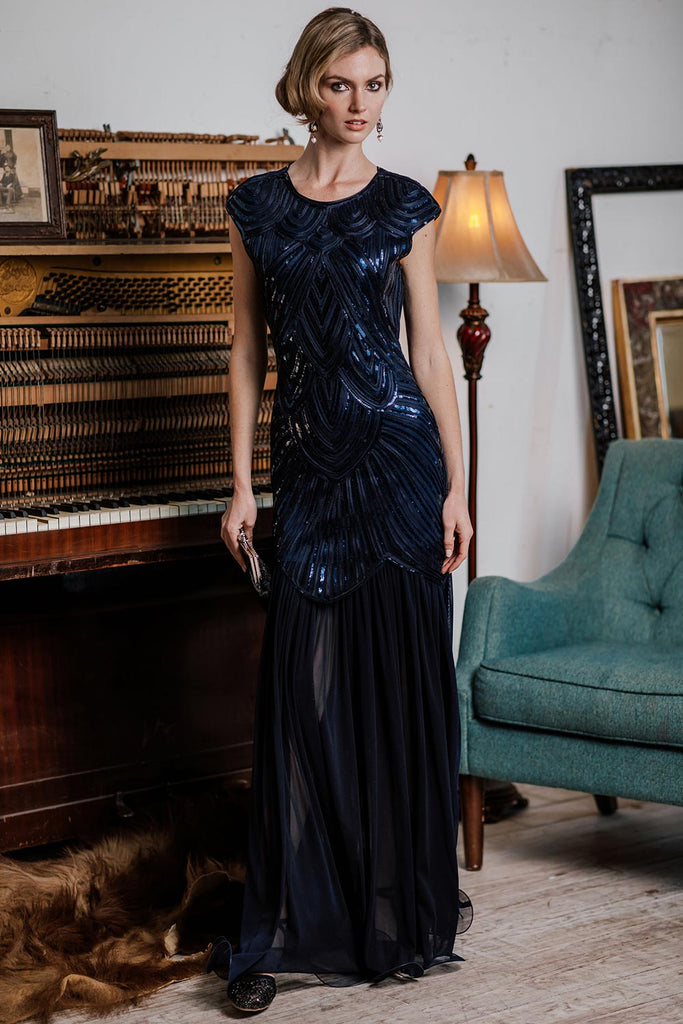 Blue 1920s Embroidery Sequin Maxi Dress ...